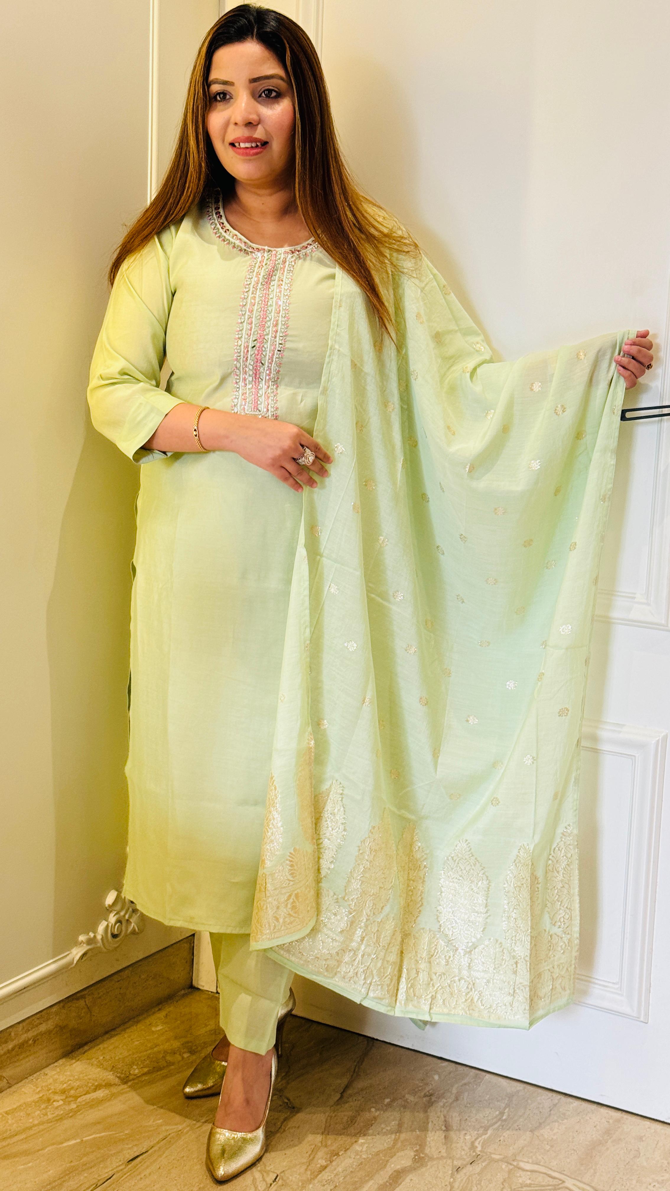 Pastel Green Crepe Banarasi Suit Set